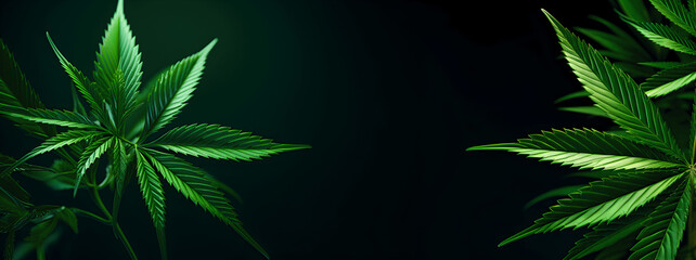 Grüne Cannabisblätter auf schwarzem Hintergrund- KI generiert - obrazy, fototapety, plakaty