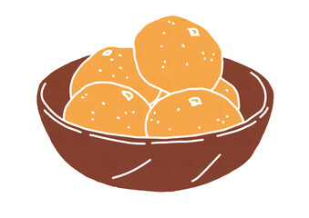 器に盛られたみかんのイラスト（版画風）
