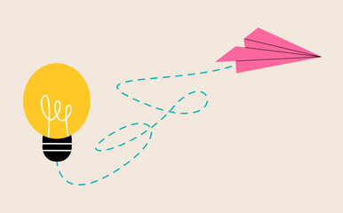 Paper plane flying up connected with light bulb. Startup business idea concept. Colorful vector illustration