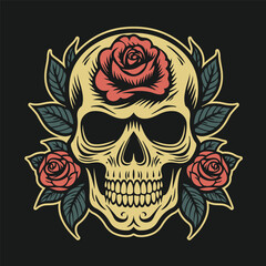 Skull and roses tattoo style illustration.
