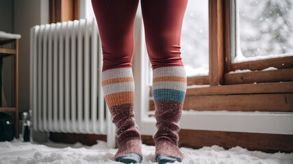 Warming hands and feet with socks that warm up at the radiator during the winter while it snows. Cold and freezing temperatures. Heating cost increase. - obrazy, fototapety, plakaty