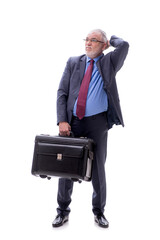 Old businessman with suitcase isolated on white