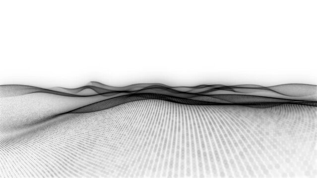 Abstract Motion Symphony: Black Particles on White Background. Dynamic Futuristic and Technological Waves. 4K