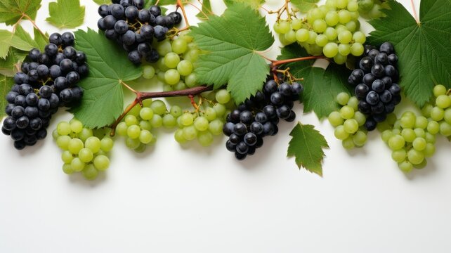 Black and green tasty grapes on white background