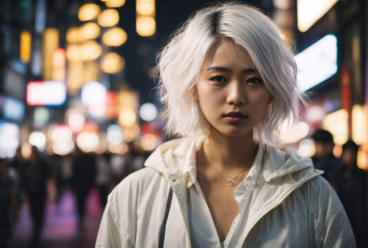 Ritratto di una giovane ragazza giapponese con capelli bianchi in una città di notte 
