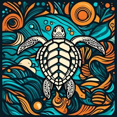 A colorful sea turtle illustration done in native american style art suitable for a t-shirt design.