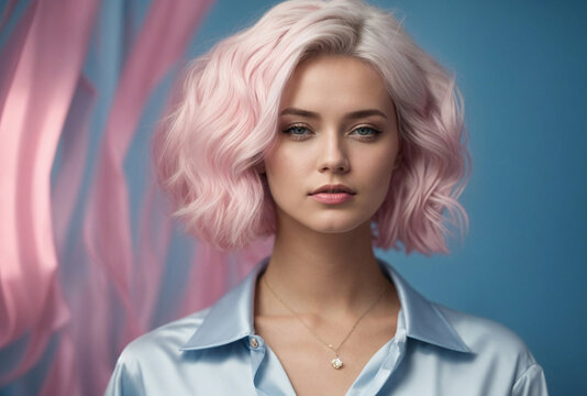 Ritratto di una giovane ragazza con capelli bianchi e rosa su uno sfondo futuristico