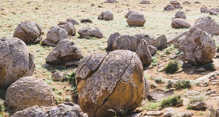 Unusual spherical shape of stones in the Kazakh steppe Mangistau, valley of balls in nature Torysh