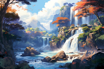 landscape with cascading waterfalls in anime style
