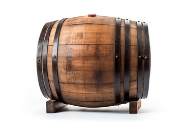 A wooden barrel on a stand, showcasing the craftsmanship of winemaking created with Generative AI technology - obrazy, fototapety, plakaty