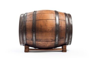 A wooden wine barrel displayed on a rustic wooden stand created with Generative AI technology