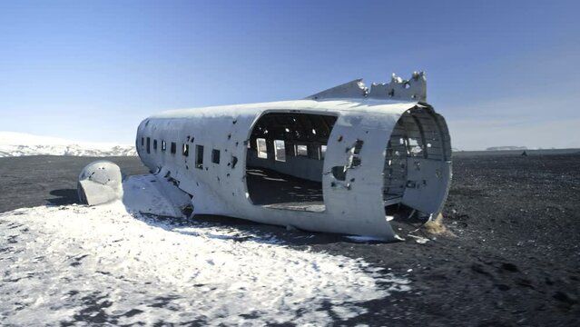 Crashed airplane remains in the snow in Iceland