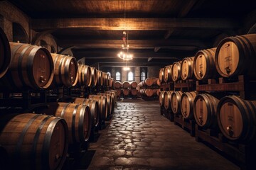 A rustic winery filled with wooden barrels created with Generative AI technology