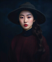 Fototapeta premium Studio portrait of a young Asian female fashion model wearing a black hat and black sweater. Fair skin, natural complexion.