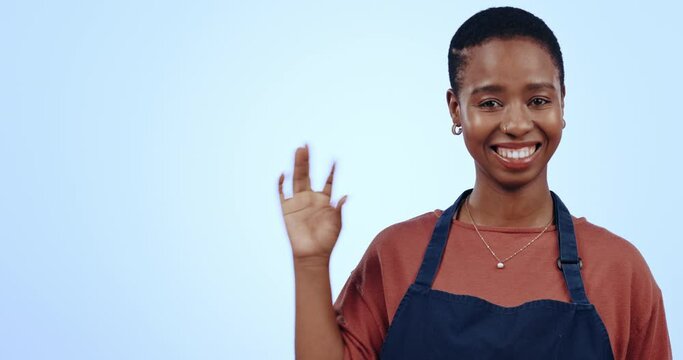 Black woman, barista pointing at mockup and advertising for cafe with OK sign, support with info on launch in studio. About us, marketing for small business and portrait with news on blue background