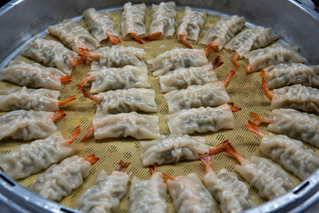 Whole shrimp dumplings in a steamer,south korea
