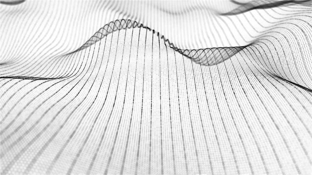 Innovative Particle Flow: Techno Wave on White Background. Abstract Motion with Black Particles. Dynamic Animation. Futuristic Look. 4K