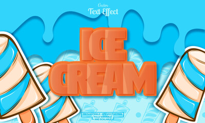 Cute editable text effect on melting background with seamless blue ice cream hand drawn pattern