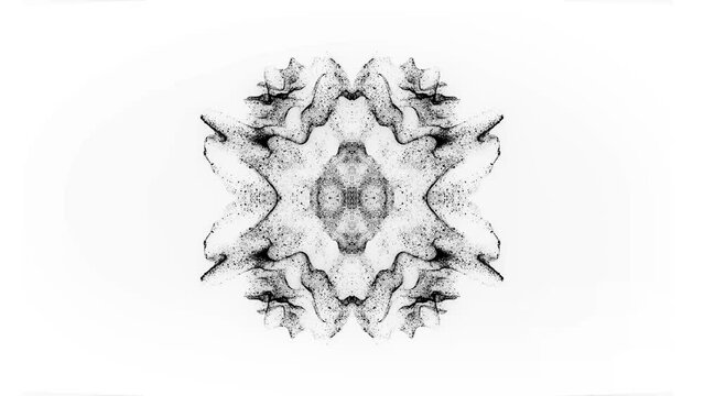 Abstract Dance of Black Particles: Artificial Intelligence on White Background. Kaleidoscope Effect. Technological Animation. 3D. 4K