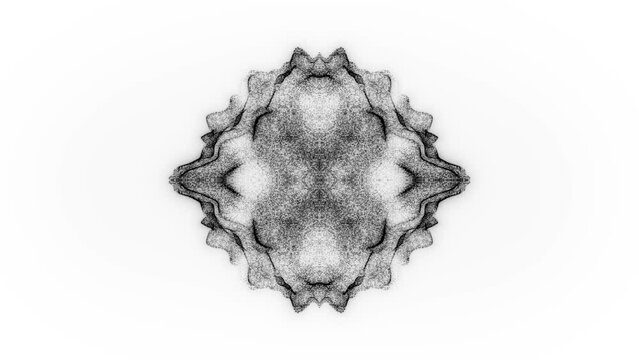 Pulsating Technological Realm: Black Particles and Kaleidoscope on White Background. Abstract Animation.  Artificial Intelligence. 3D. 4K