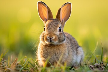 Closeup Image of Wild Rabbit Sitting on Grass. Cute Mammal with Dominant Ear Feature.
