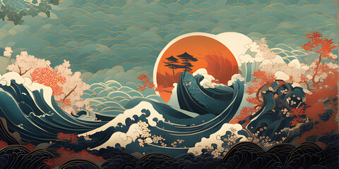 Hokusai-Inspired Art: Sakura and Sea Waves - obrazy, fototapety, plakaty