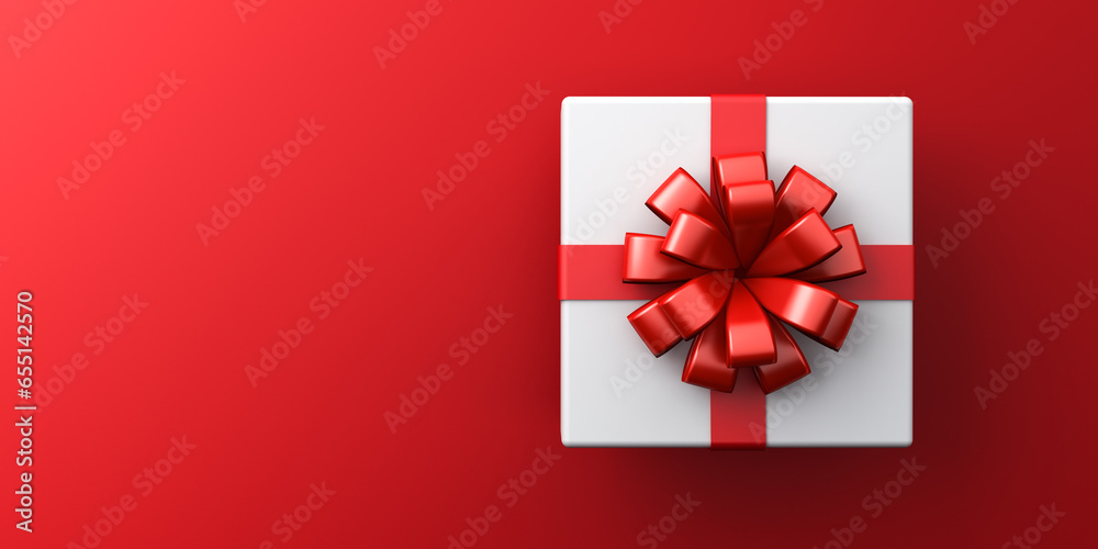 Poster White gift box or top view of white present box tied with red ribbon bow isolated on dark red background with empty space on the left side minimal conceptual 3D rendering