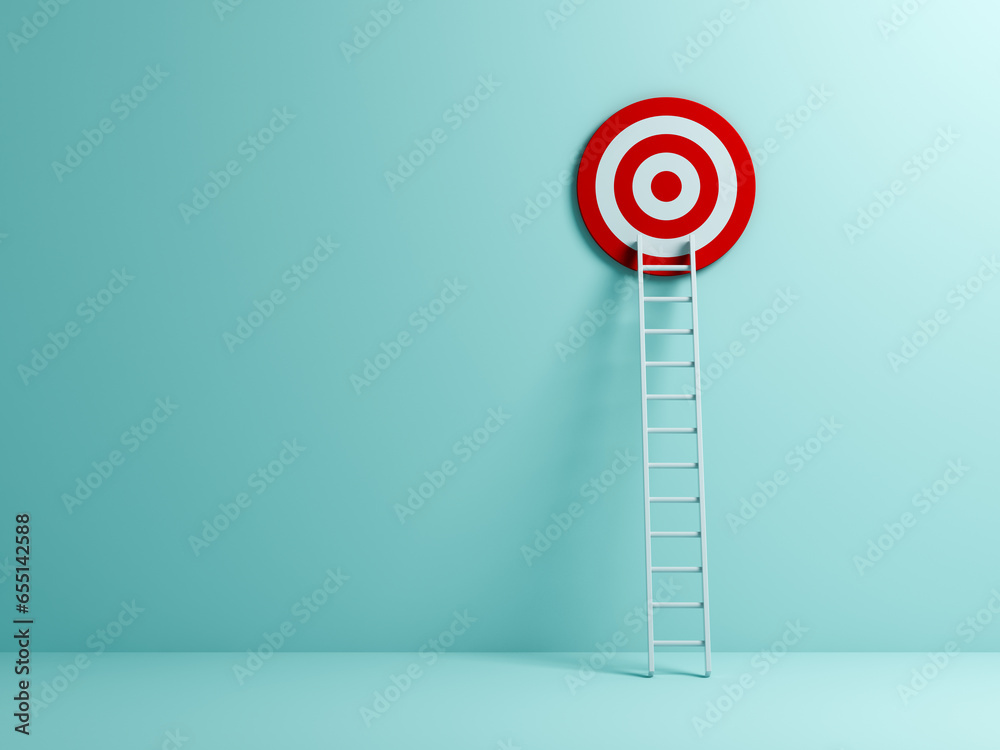 Aufkleber ladder to target goal business creative idea concepts on blue pastel color wall background with empt
