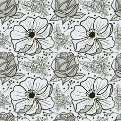 Floral seamless pattern. black flowers on a white background