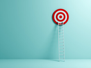 Ladder to target goal business creative idea concepts on blue pastel color wall background with...