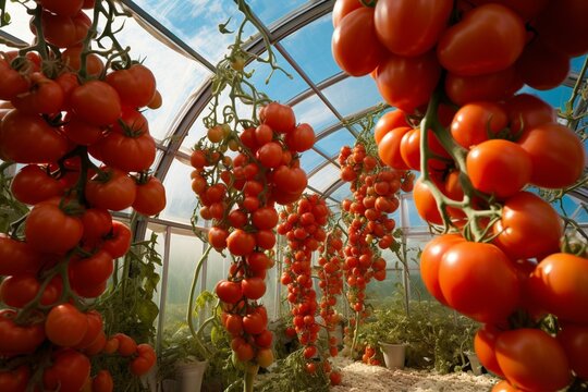 Vibrant, tomato ripeness scale in a greenhouse. Generative AI