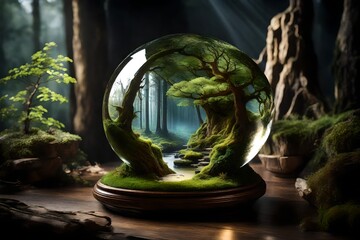 a crystal ball surrounded by flowers and moss on the ground