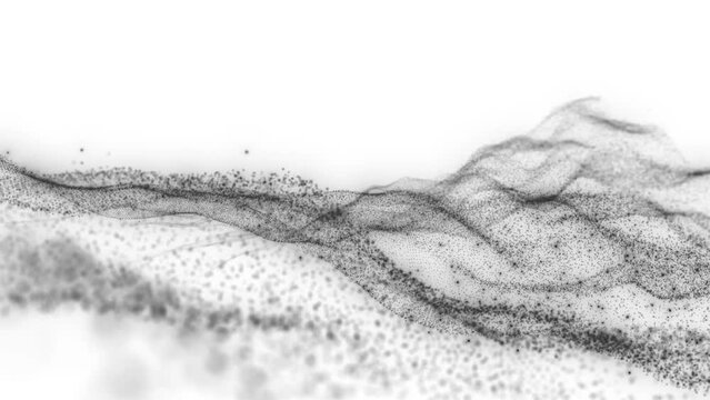 Flowing Tech Waves: Abstract Motion with Black Particles. Technological Dynamic Waves. White Background. 4K