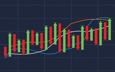 red and green arrows going up and down on the economic stock trading market chart	 - obrazy, fototapety, plakaty