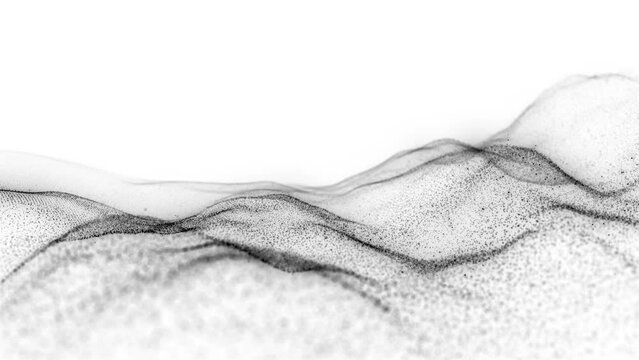 Abstract Particle Symphony: Technological Waves on White. Black Particles Dynamic Motion. White Background. 4K
