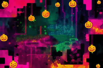 Halloween postcard. Halloween background with pumpkins and watercolor splash. Watercolor paint. Digital art, Generative AI