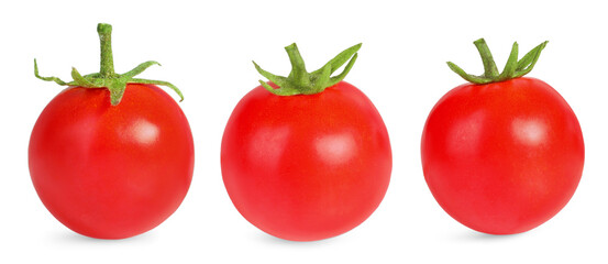 Set with fresh ripe cherry tomatoes isolated on white