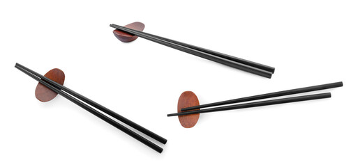Collage with black chopsticks isolated on white