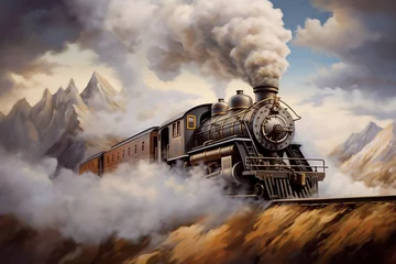 Foto op Aluminium A painting of a train on a train track. The locomotive moves among the mountains and beautiful nature along the rails. Smoke from the chimney of a retro train. © Anoo