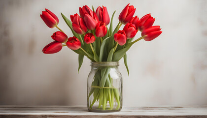 bunch of red tulip flowers in a glass vintage jar on rustic wooden table against white plaster wall.