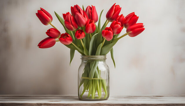 bunch of red tulip flowers in a glass vintage jar on rustic wooden table against white plaster wall.