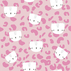 Cute pink seamless pattern with leopards and skin spots. Childish print. Vector hand drawn illustration.