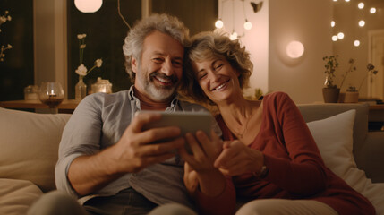 Attractive happy older spouses spend weekend time on couch in living room take selfies on smartphone together, talk on video call, use mobile shopping application, enjoy quiet family pastime at home