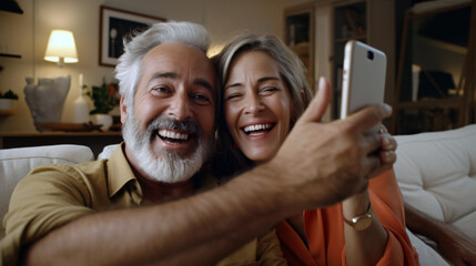 Attractive happy older spouses spend weekend time on couch in living room take selfies on smartphone together, talk on video call, use mobile shopping application, enjoy quiet family pastime at home - obrazy, fototapety, plakaty