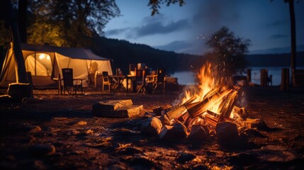 crackling campfire at night with tents in the background