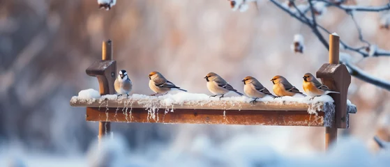 Selbstklebende Fototapeten Birds in the snow. Titmouse birds on a branch in winter. Generative artificial intelligence © michalsen