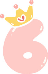 Cute pink birthday number 6 with crown illustration doodle 