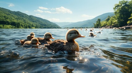ducks swimming on a peaceful lake - obrazy, fototapety, plakaty