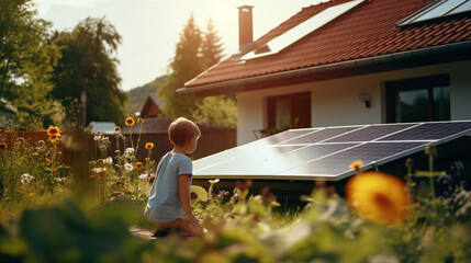 A young child is looking at solar panels in the yard - obrazy, fototapety, plakaty