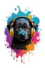 Black puppy wearing a headphone, Generative AI 